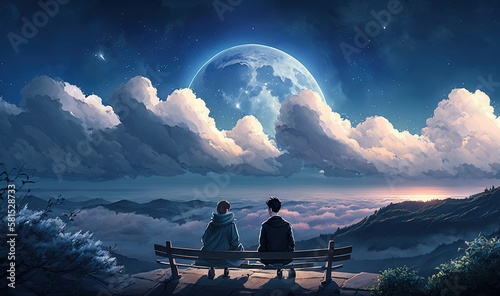  two people sitting on a bench looking at the sky with a full moon in the background and a mountain range in the foreground with clouds and a full moon in the sky. generative ai