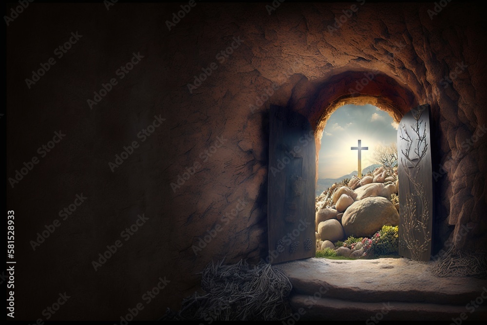 Empty tomb at dawn. Easter concept. AI