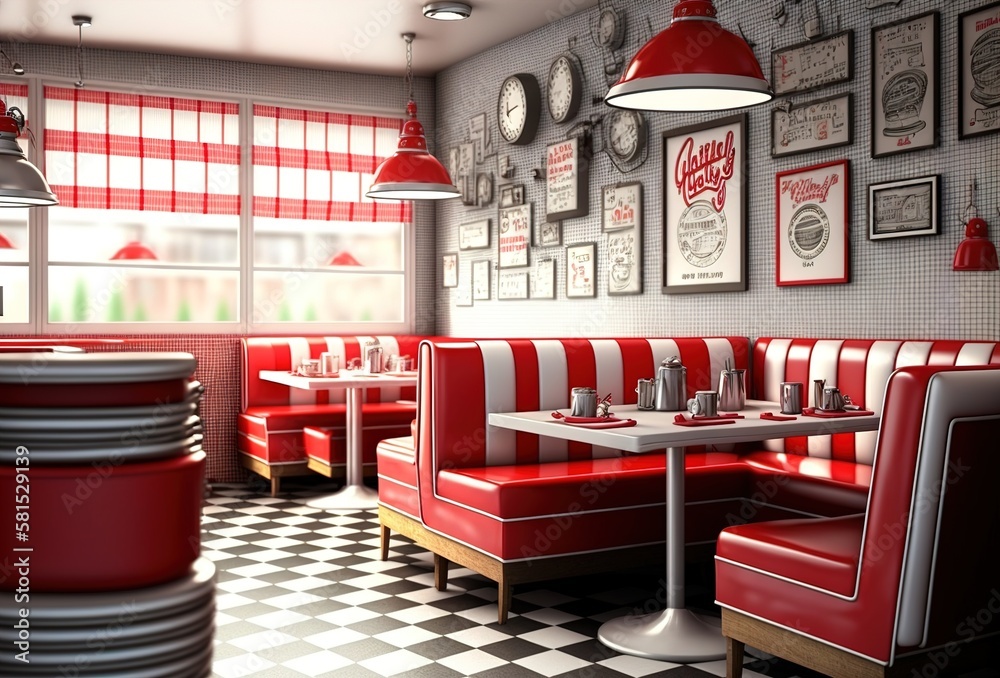 © DZMITRY - Retro cafe, american diner interior with tables. AI © DZMITRY - Retro cafe, american diner interior with tables. AI