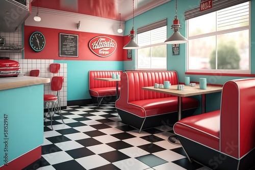 Retro cafe, american diner interior with tables. AI photo