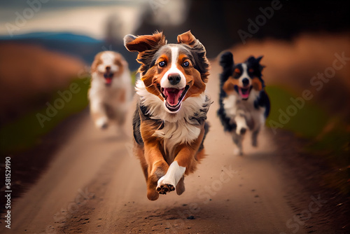 Running happy dogs family, generative ai © neirfy