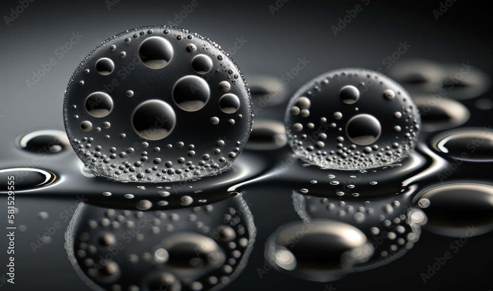 a group of bubbles floating on top of a body of water with drops of water around them on a black surface with a black background. generative ai a group of bubbles floating on top of a body of water with drops of water around them on a black surface with a black background. generative ai