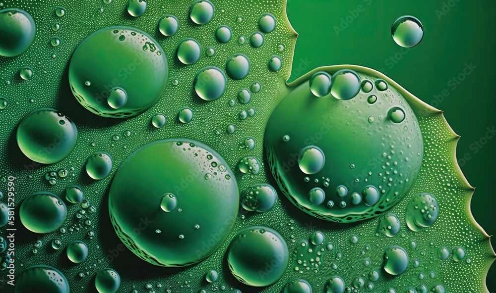  a close up of water droplets on a green leaf with a green back dropper in the center of the image is a green background.  generative ai