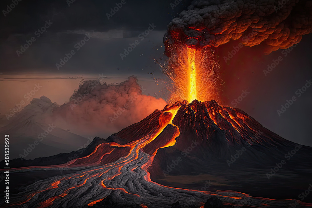 Volcanic eruption with flowing lava and ash emission. Natural disaster. Dramatic landscape with active volcano. Created with Generative AI