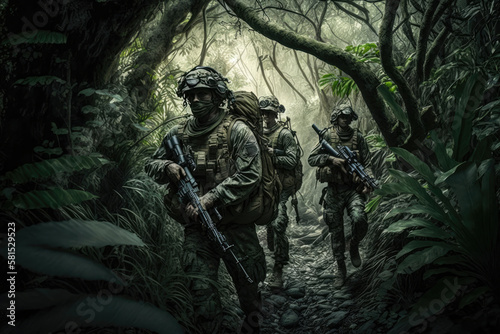 Equipped soldiers in camouflage with weapons in jungle. Armed Forces on special military mission. Conflicts and wars in the world. Created with Generative AI © Lazy_Bear