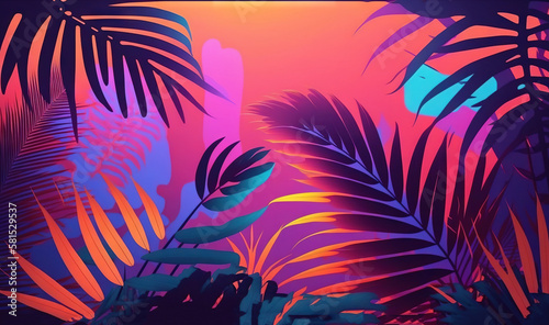  a painting of a tropical scene with palm trees and a sunset in the background with a pink and blue sky and a pink and purple hued background.  generative ai