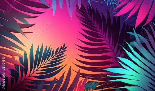  a bunch of colorful leaves on a pink and blue background with a pink and blue sky in the back ground and a pink and blue sky in the background. generative ai