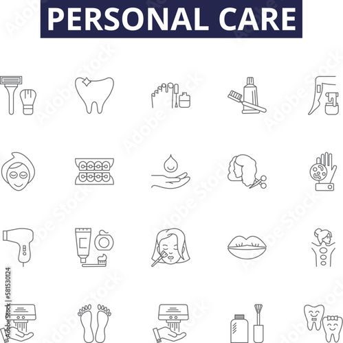 Personal care line vector icons and signs. Hygiene, Dieting, Exercise, Bathing, Skincare, Haircare, Oralcare, Makeup outline vector illustration set