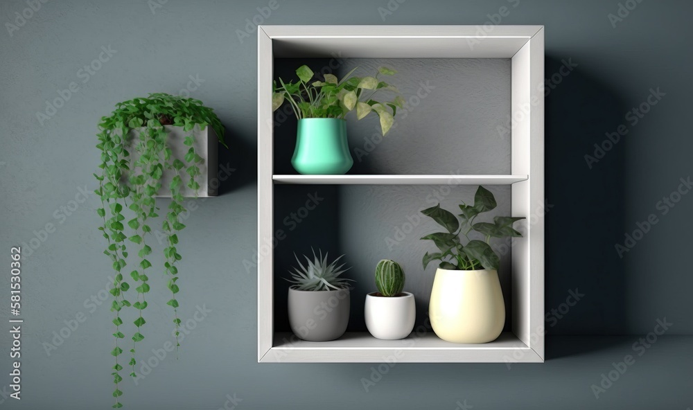 a white shelf with three plants and a potted plant on top of one of the ...