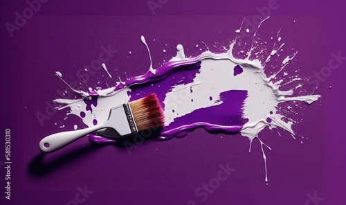  a paintbrush with purple and white paint splattered on it's side and a hole in the middle of the paint that has been spilled. generative ai