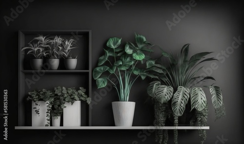  a shelf filled with potted plants next to a wall mounted shelf with a plant on it and a shelf with a plant on it. generative ai