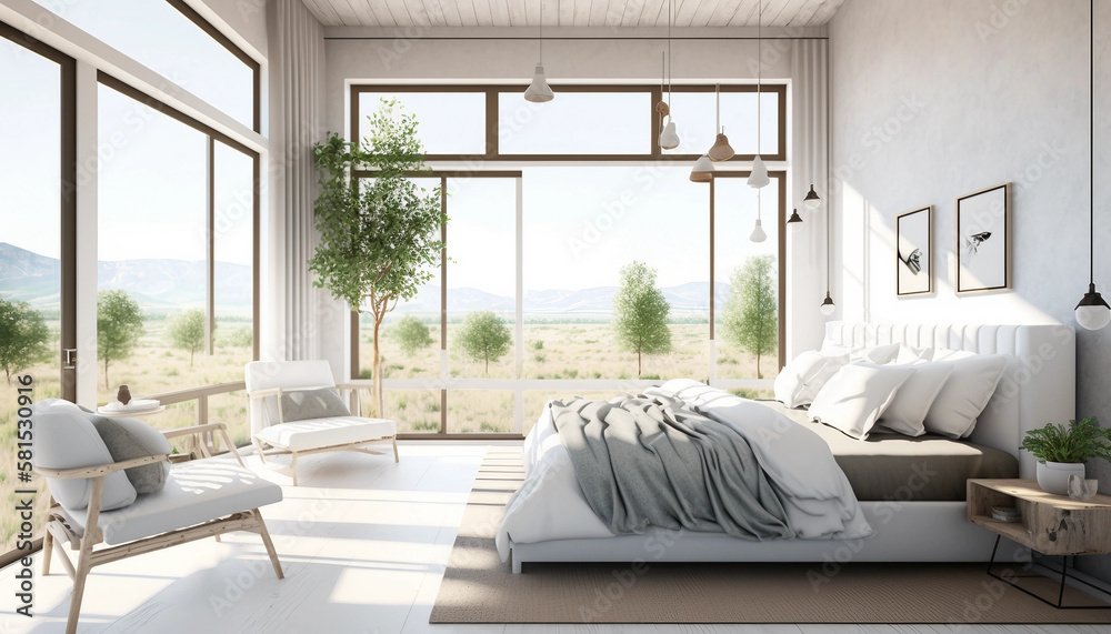 Fototapeta premium A serene oasis - Modern bedroom with minimalist decor, sleek furnishings, and breathtaking views, Generative AI.