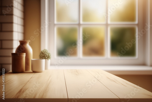 Empty wooden table in front of a window Generative AI