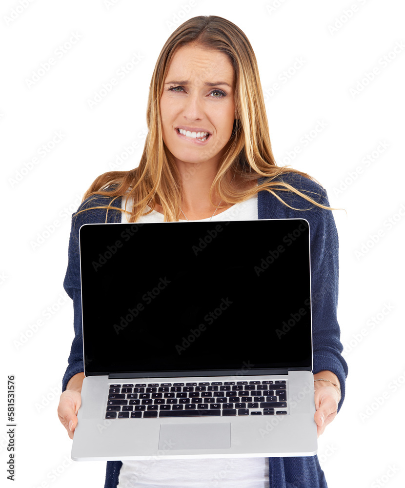 Could you show me how this works. A young woman holding a laptop - isolated. Could you show me how this works. A young woman holding a laptop - isolated.