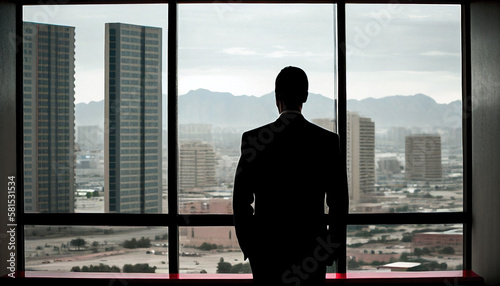 Young businessman in a black suit. There is a large window showing a view of the city with skyscrapers and other buildings. The lighting is bright in the professional setting. Ai generated.