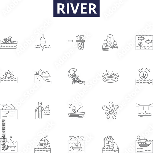 River line vector icons and signs. Stream, Brook, Waterway, Flow, Rapids, Creek, Torrent, Tributary outline vector illustration set