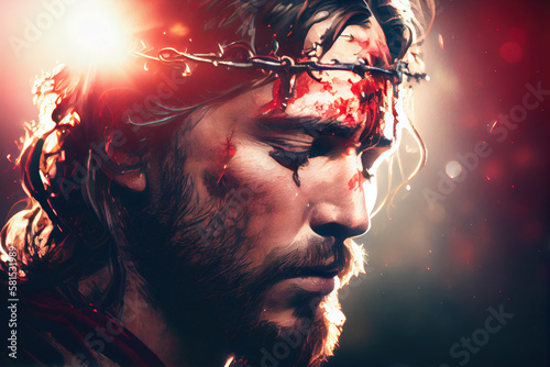 Fotografia Face of Jesus Crist in crown of thorns with closed eyes, Christian Easter concep