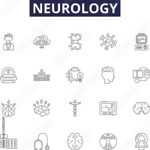 Neurology line vector icons and signs. Synapses, Neurotransmitters, Brain, Spine, Nerves, Tremors, Strokes, Epilepsy outline vector illustration set
