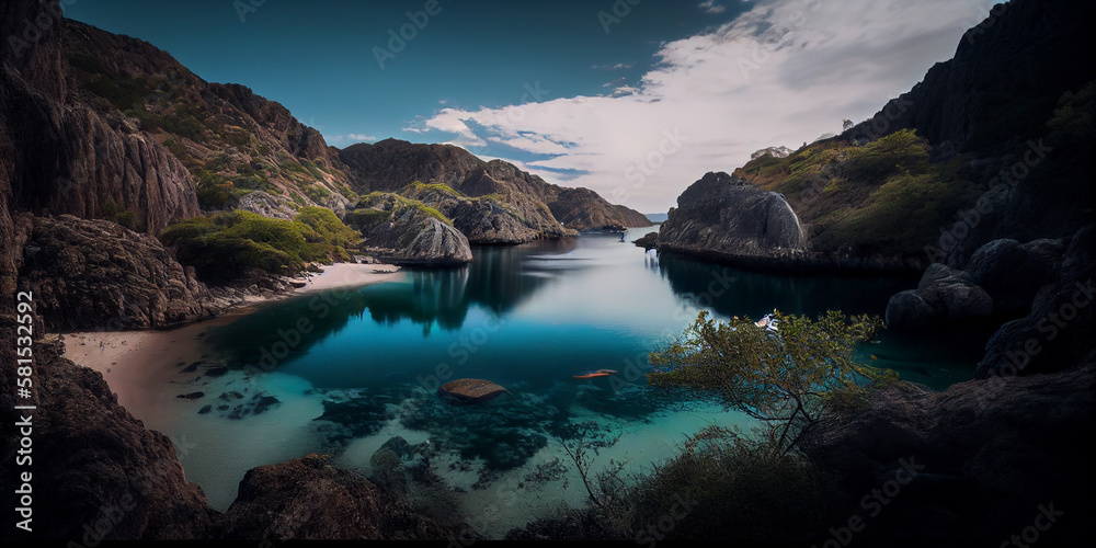 A secluded bay with calm waters generated by AI A secluded bay with calm waters generated by AI