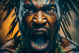 African American male screaming with a menacing look, opening his mouth face close-up, expressive look with blue eyes. Generative AI