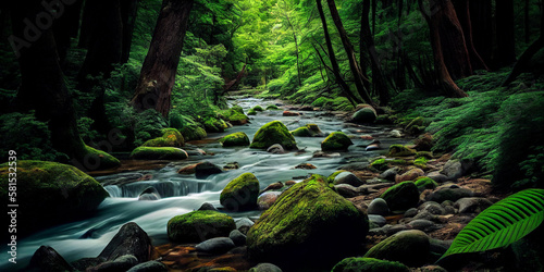 A lush green forest with a river running through it generated by AI photo