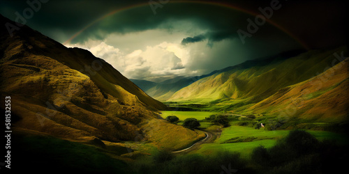 A lush green valley with a rainbow in the sky generated by AI