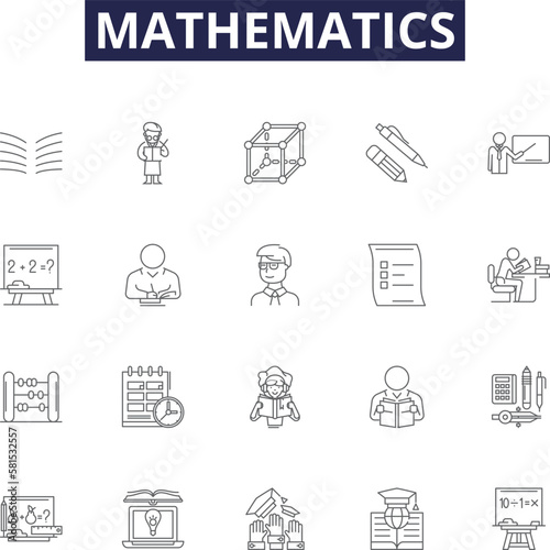 Mathematics line vector icons and signs. Algebra, Arithmetic, Geometry, Number, Equation, Polynomial, Trigonometry, Graph outline vector illustration set