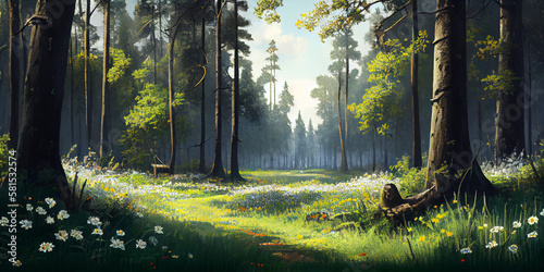 A peaceful forest glade with wildflowers generated by AI