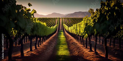 A picturesque vineyard with rows of grapevines generated by AI