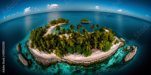 A remote tropical island with a coconut grove generated by AI photo