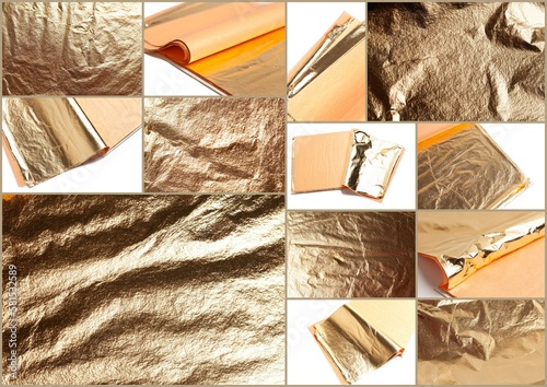 Collage with Gold leaf potal background. Golden elements for design photo