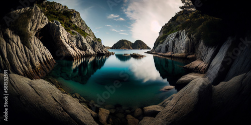 A secluded bay with calm waters generated by AI photo