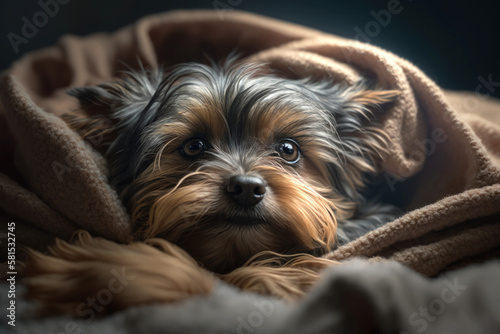 A young Yorkshire Terrier dog under a blanket. The pet is basking under the plaid. The concept of caring for pets. Generative AI.