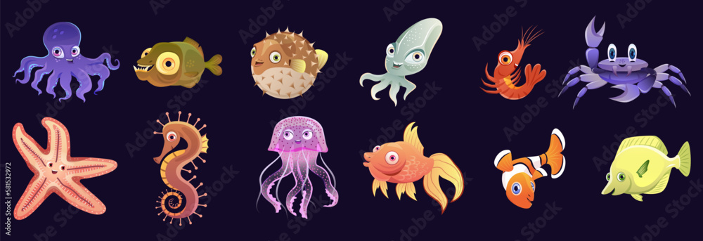 Set of Cute underwater animals. Stickers with clownfish, pufferfish, crab, octopus, jellyfish, shrimp and seahorse. Marine or sea creatures. Cartoon flat vector collection isolated on dark background