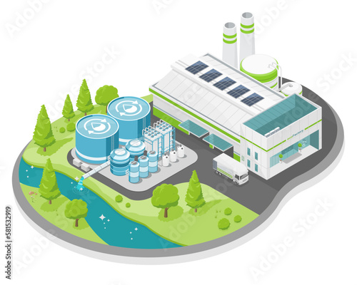 Industrial Wastewater Treatment process in factory plant ecology sewage treatment for save world concept cartoon symbols  isometric isolated illustration vector