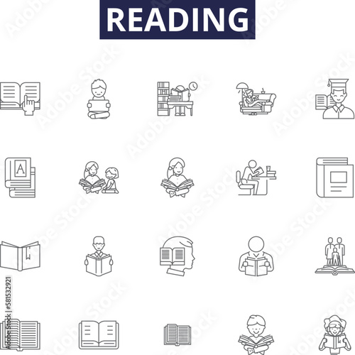Reading line vector icons and signs. Books, Literature, Novels, Texts, Comprehension, Stories, Magazines, Study outline vector illustration set