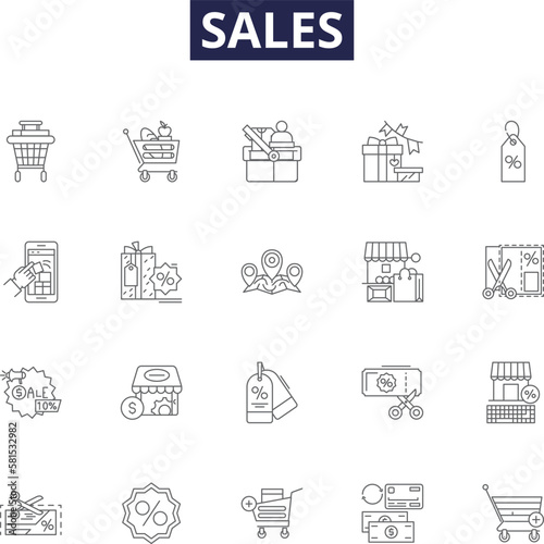 Sales line vector icons and signs. Trade, Purchases, Merchandising, Profit, Clients, Market, Retail, Supplies outline vector illustration set