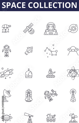 Space collection line vector icons and signs. Collection, Astronomy, Stars, Planets, Galaxies, Sun, Moon, Nebula outline vector illustration set