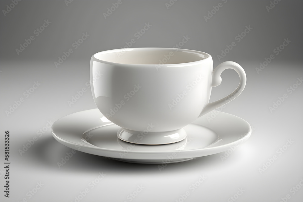 White coffee cup with saucer on light background. Generative AI, illustration White coffee cup with saucer on light background. Generative AI, illustration
