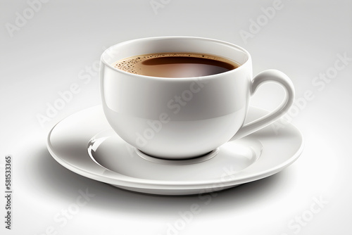 White cup with coffee and saucer on light background. Generative AI, illustration