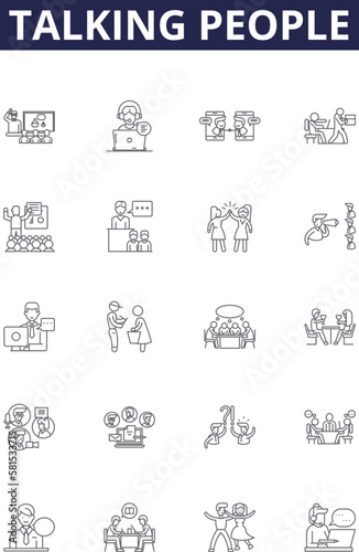 Talking people line vector icons and signs. Chatting, Interacting, Chatting, Yacking, Dialoguing, Debating, Discoursing, Interlocuting outline vector illustration set photo