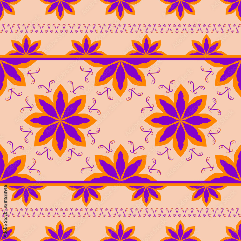 Violet and orange flower seamless pattern in vector illustration design for scarf, carpet, tile, wrapping paper and more