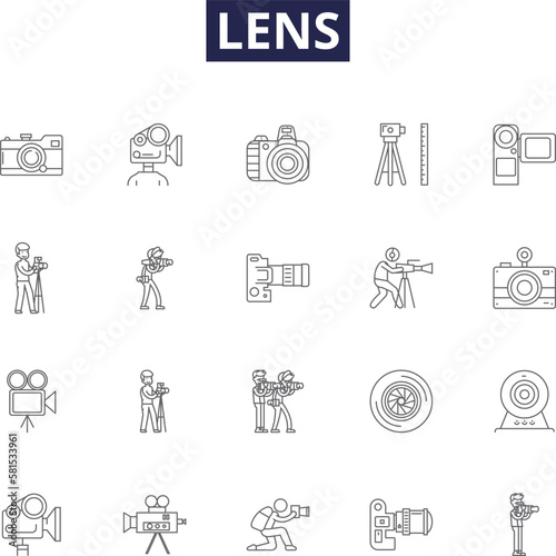 Lens line vector icons and signs. Optics, Convex, Concave, Focus, Photographic, Telescopic, Macro, Zoom outline vector illustration set