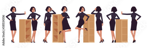 Business woman professional lady set, attractive woman leaning poses. Office girl, female manager, classic black fit turtleneck, skirt. Vector flat style cartoon character isolated, white background