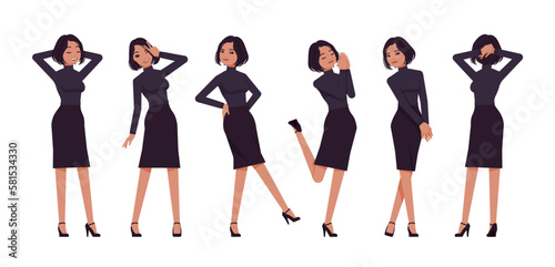 Business woman professional lady set, attractive woman positive emotion. Office girl, female manager, classic black fit turtleneck, skirt. Vector flat style cartoon character isolated white background