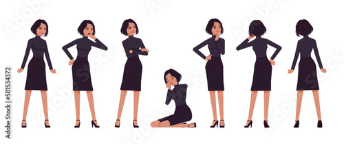 Business woman professional lady set, brunette girl negative emotion. Office girl, female manager, classic black fit turtleneck, skirt. Vector flat style cartoon character isolated white background