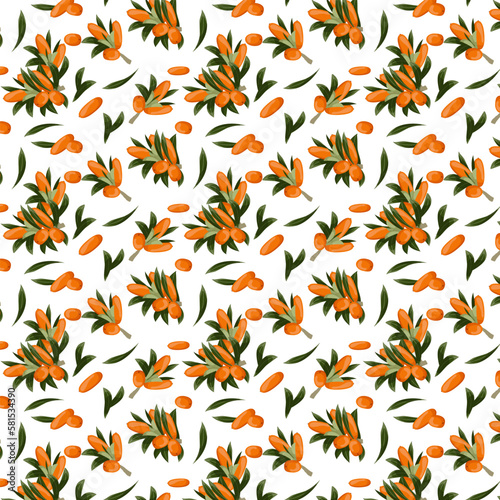 Seamless pattern of berries. Autumn background with sea buckthorn berries. Design for poster, kitchen textile, clothing and wallpaper.