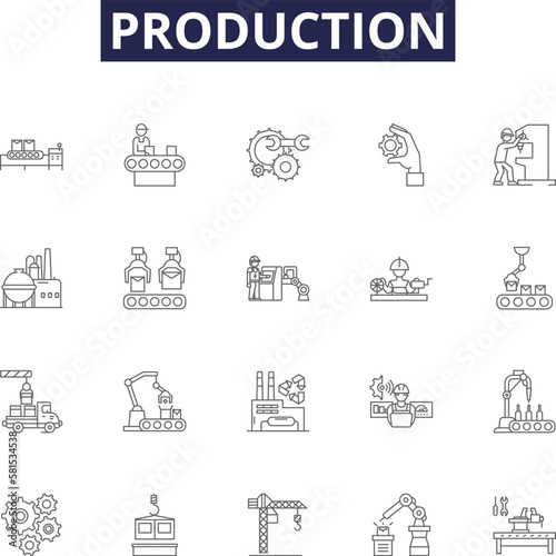 Production line vector icons and signs. , Processing, , Output, , Fabrication, ,Making outline vector illustration set