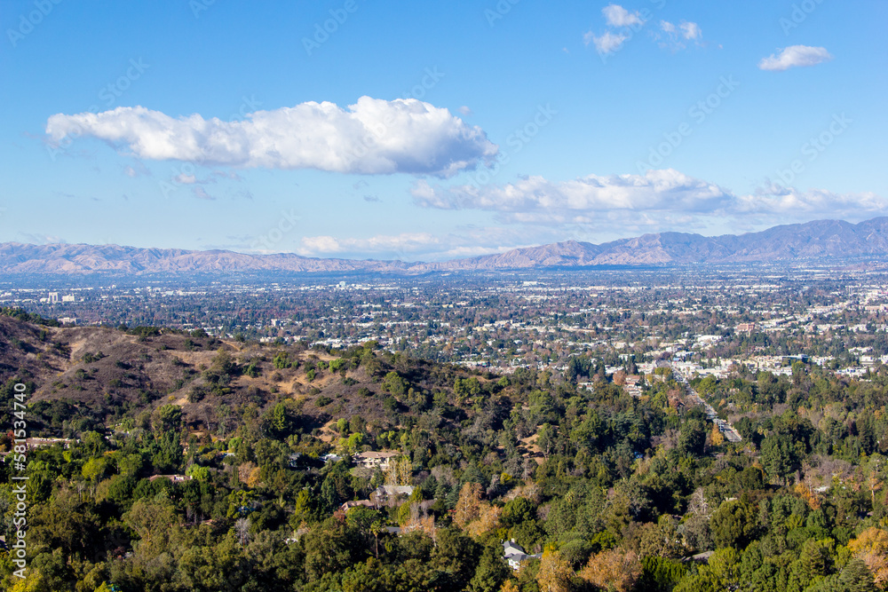 View of the San Fernando valley from above on the Santa Monica mountains in  California.
