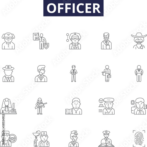 Officer line vector icons and signs. constable, sergeant, lieutenant, captain, colonel, marshal, sheriff, sheriff's deputy outline vector illustration set